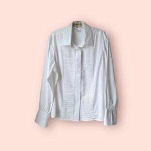 Norm Thompson Pleated Bib Front Button Down Dress Shirt Blouse White Size L